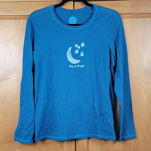 NWT Life Is Good Aqua Classic Fit Crew Neck Long Sleeve Tee Stay Out All Night M - Picture 3 of 10